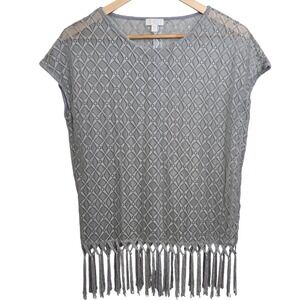 C FringeTassel Top Shirt Gray Sheer Overlay Size Medium Boho Indie Festival